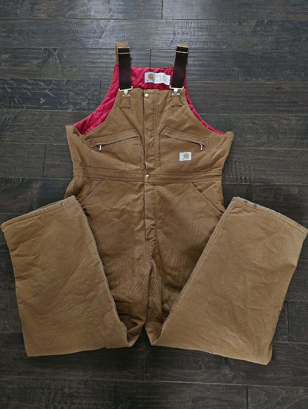 VINTAGE Beautiful Carhartt Brown Duck Bib Overalls with Red Lining Sz 40 X 30 - Picture 4 of 14